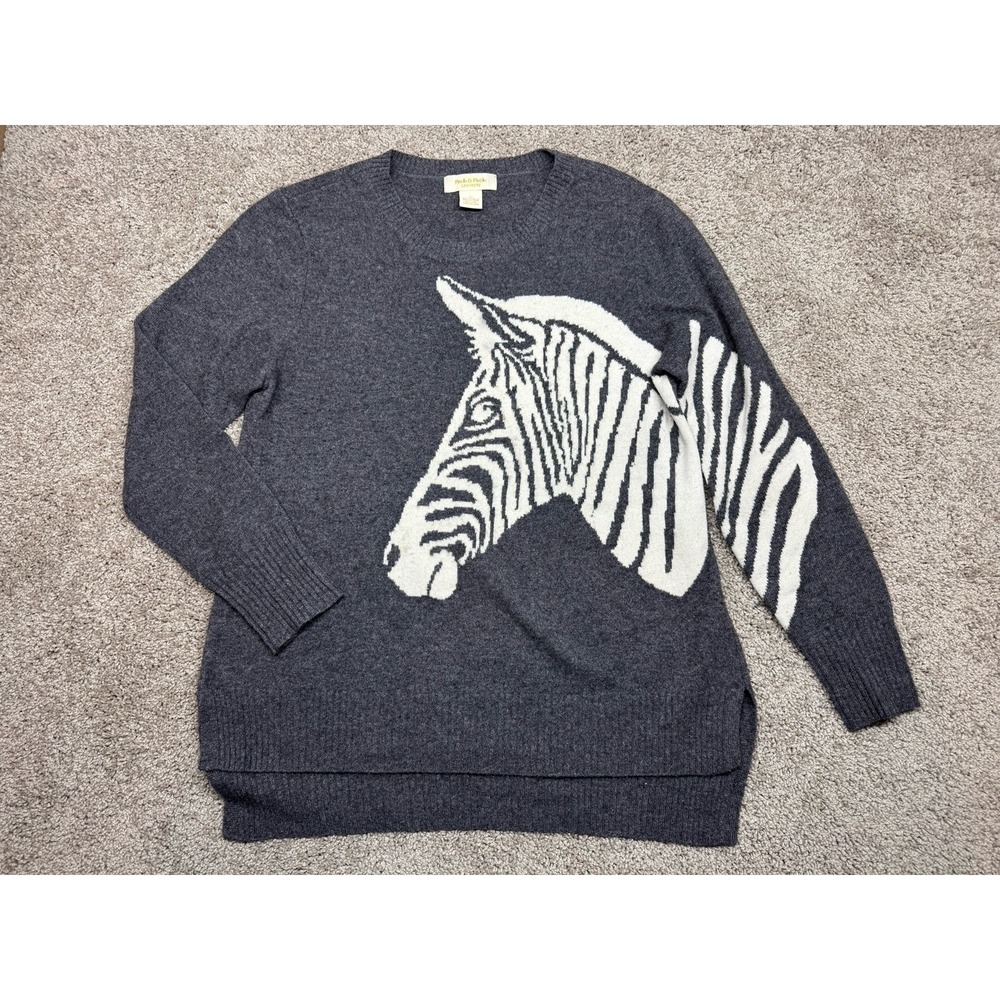 Peck & Peck Cashmere Charcoal Grey Zebra Print Long Sleeve Crewneck SweaterLarge